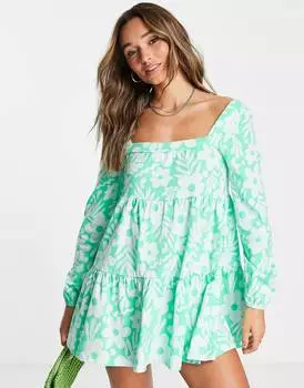 Ярусное платье мини с квадратным вырезом и цветочным принтом ASOS DESIGN