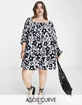 Ярусное платье мини с квадратным вырезом и цветочным принтом ASOS DESIGN Curve