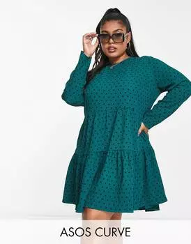 Ярусное платье мини в г��рошек с длинными рукавами ASOS DESIGN Curve