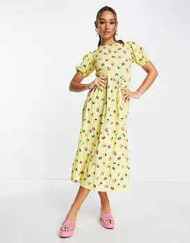 Ярусное свободное платье миди с открытой спиной Neon Rose с лимонно-фруктовым принтом