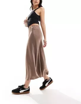 YAS – коричнево-бежевая атласная юбка-миди