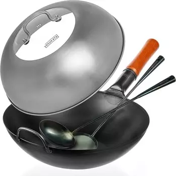 YOSUKATA Черная сковорода-вок из углеродистой стали с плоским дном, Black