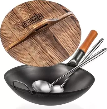 YOSUKATA Сковорода-вок из углеродистой стали 14 дюймов + лопатка и половник для вока 17 дюймов + крышка для вока премиум-класса Крышка сковороды 14 дюймов