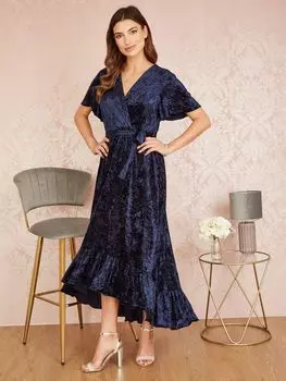 Yumi Бархатное платье с запахом и рукавами ангел, темно-синий