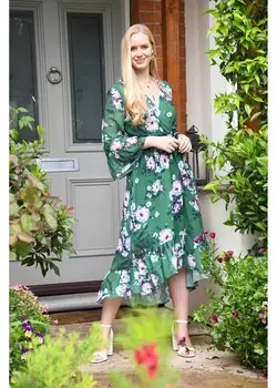 Yumi Зеленое платье миди с акварельным цветочным принтом и глубоким подолом