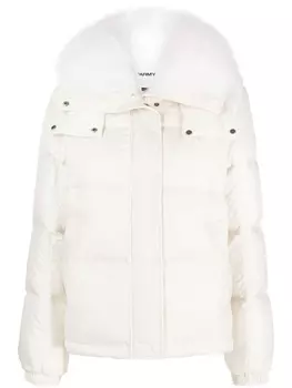 Yves Salomon пуховик с капюшоном и мехом, нейтральный цвет