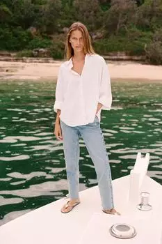 Z1975 прямые джинсы с высокой талией ZARA, средне-синий
