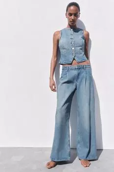 Z1975 широкие джинсы с высокой посадкой и вытачками ZARA, средне-синий