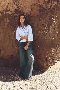 Z1975 широкие джинсы с высокой посадкой ZARA, средне-синий