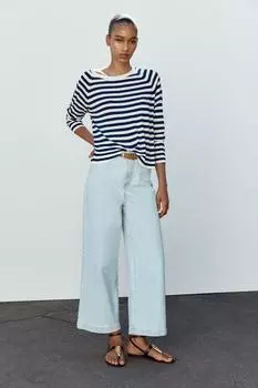 Z1975 широкие укороченные джинсы с поясом и высокой талией ZARA, светло-синий