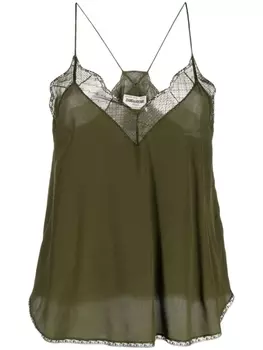 Zadig&Voltaire шелковый топ на бретелях с кружевом, зеленый