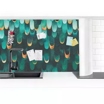 Задняя стенка кухни — Элизабет Фредрикссон — Feathers Gold Turquoise II, размер ВxШ: 70 см x 300 см, Отделка: Smart Gloss PPS. Digital Printing