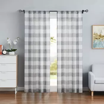 Загородные кухонные шторы Bohogeo Buffalo Plaid Farmhouse 38 x 84 дюйма 2 шт, серый