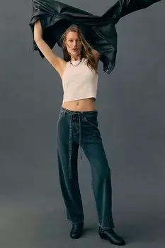 Закрытые бежевые джинсы с завышенной талией и завязкой на талии, деним/темный