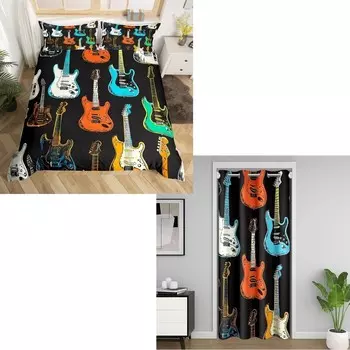 Замок Фея, красочный пододеяльник для гитары, двойной размер и дверная занавеска, 34 дюйма, Ш x 80 дюймов, длина, 3 шт., тематический декор комнаты с музыкальными инструментами Castle Fairy