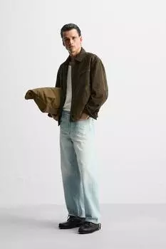 Замшевая кожаная куртка ZARA, оливково-зеленый