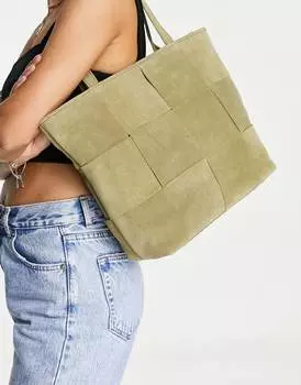 Замшевая объемная сумка с короткими ручками цвета хаки ASOS DESIGN