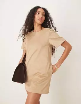 Замшевое мини-платье-футболка с короткими рукавами и круглым вырезом Abercrombie & Fitch светло-коричневого цвета