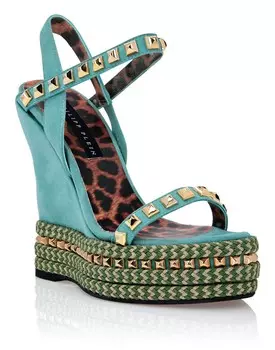 Замшевые босоножки на танкетке с шпильками Philipp Plein, цвет Turquoise