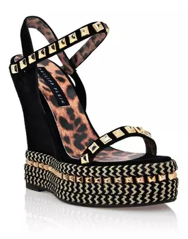Замшевые босоножки на танкетке с шпильками Philipp Plein, цвет Black / Gold