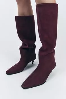 Замшевые ботинки на каблуке-кошке ZARA, бордовый красный