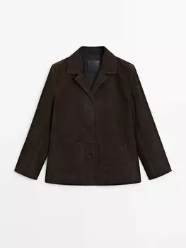 Замшевый кожаный пиджак с карманами Massimo Dutti, коричневый