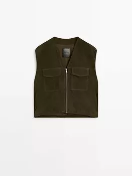 Замшевый кожаный жилет с карманами Massimo Dutti, зелеый