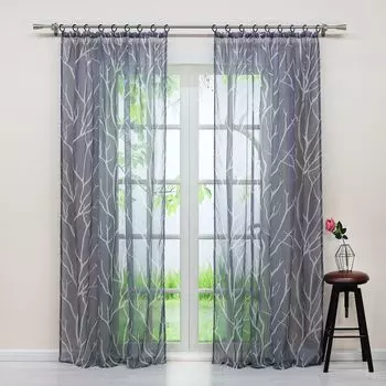 Занавес Joyswahl, рюшная лента, вуаль, шторы с узором в виде белых ветвей, прозрачная спальня, гостиная, Ш x В 140 x 145 см, серый, 1 шт.