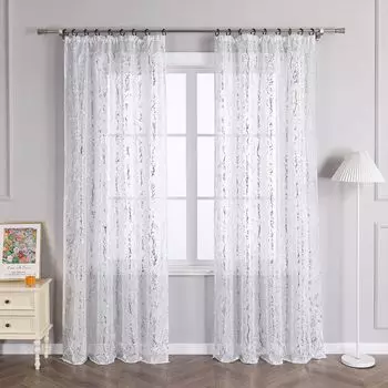 Занавес Joyswahl с рюшами и лентой-вуалью с блестящим принтом ветвей Прозрачный Спальня Гостиная В x Ш 175 x 140 см Серебристый 1 шт., серебро