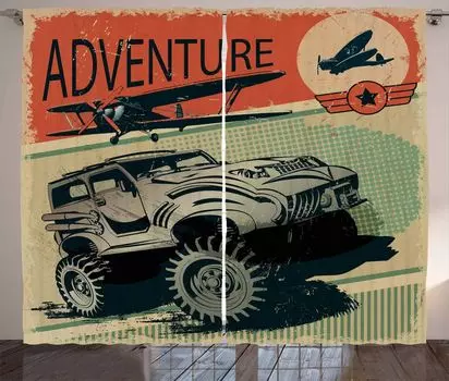Занавеска ABAKUHAUS Adventure в деревенском стиле, прочные автомобильные уровни, универсальные ленточные шторы для гостиной с петлями и крючками, 280 x 260 см, оранжево-зелено-коричневый, оранжевый