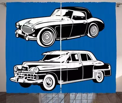 Занавеска ABAKUHAUS Cars в деревенском стиле, черно-белый автомобиль, ленточная занавеска с рюшами для спальни, петлями и крючками, 280 x 260 см, темно-синий, белый, черный