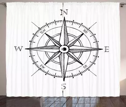 Занавеска ABAKUHAUS Compass в деревенском стиле, направление розы ветров, ленточная занавеска с рюшами для спальни, петлями и крючками, 280 x 225 см, белый черный