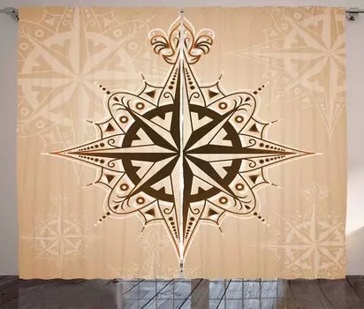 Занавеска ABAKUHAUS Compass в деревенском стиле, тема старинного парусного спорта, универсальные ленточные шторы для гостиной с петлями и крючками, 280 x 260 см, светло-коричневые, коричневый