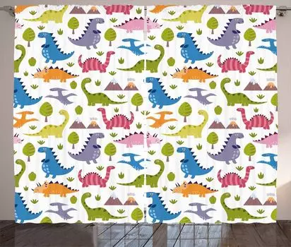 Занавеска ABAKUHAUS Dino в деревенском стиле, красочный динозавр, универсальные ленточные шторы для гостиной с петлями и крючками, 280 x 245 см, разноцветные