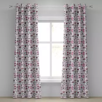 Занавеска ABAKUHAUS Emoji с люверсами, в стиле Мемфис, каракули для губ, звезда, клубничный язык, пузырь в полоску, декоративные оконные шторы с 2 панелями, 280 см x 260 см, пурпурно-белый, серый