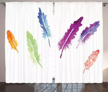Занавеска ABAKUHAUS Feathers в деревенском стиле, художественная акварель, ленточная занавеска с рюшами для спальни, петлями и крючками, 280 x 260 см, разноцветная
