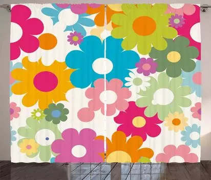 Занавеска ABAKUHAUS Flowers в деревенском стиле, Вдохновение шестидесятых, универсальные ленточные шторы для гостиной с петлями и крючками, 280 x 260 см, разноцветные