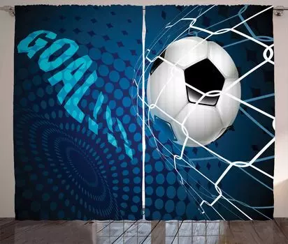Занавеска ABAKUHAUS Football в деревенском стиле, абстрактный рисунок ворот, универсальные ленточные шторы для гостиной с петлями и крючками, 280 x 175 см, черный, белый, синий