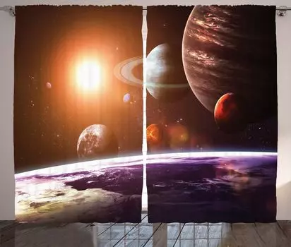 Занавеска ABAKUHAUS Galaxy в деревенском стиле, Солнечная система с видом на космос, Ленточная занавеска с рюшами и петлями для спальни, 280 x 175 см, Пурпурный оранжевый