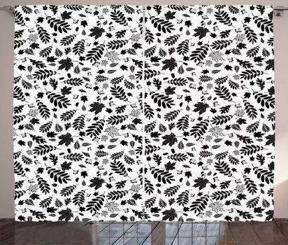 Занавеска ABAKUHAUS Leaves в деревенском стиле, Осенний сезон в лесу, Ленточная занавеска с рюшами и петлями для спальни, 280 x 260 см, Белый Черный