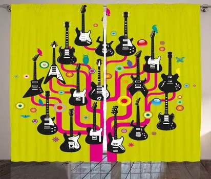Занавеска ABAKUHAUS Music в деревенском стиле, «Гитара для рок-звезд», ленточная занавеска с рюшами для спальни, петлями и крючками, 280 x 260 см, Яблочно-зелено-розовый