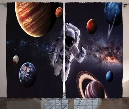 Занавеска ABAKUHAUS Nebula в деревенском стиле, «Планеты галактик», ленточная занавеска с рюшами для спальни, петлями и крючками, 280 x 225 см, белый и черный