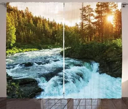 Занавеска ABAKUHAUS River в деревенском стиле, Sunrise Spring Pines, ленточная занавеска с рюшами и петлями для спальни, 280 x 260 см, нежно-голубой, яблочно-зеленый, синий