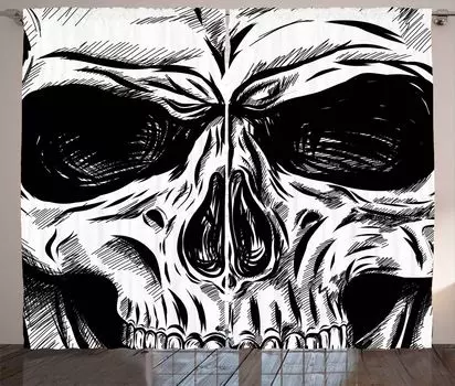 Занавеска ABAKUHAUS с черепом в деревенском стиле, готический эскиз Bad Face, ленточная занавеска с рюшами для спальни, петлями и крючками, 280 x 225 см, белый черный