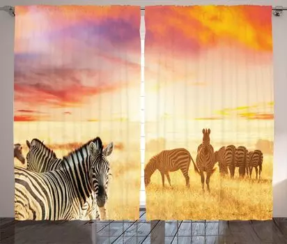 Занавеска ABAKUHAUS Safari в деревенском стиле, южноафриканская дикая зебра, ленточная занавеска с рюшами для спальни, петлями и крючками, 280 x 260 см, разноцветная