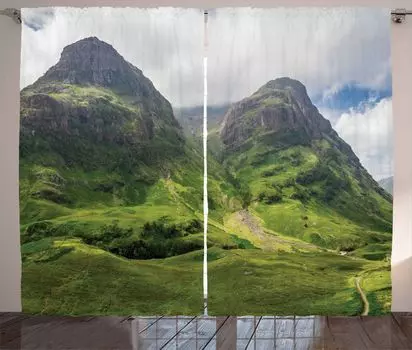 Занавеска ABAKUHAUS Scotland в деревенском стиле, облака Glencoe Highlands, универсальные ленточные шторы для гостиной с петлями и крючками, 280 x 225 см, зеленый папоротник белый