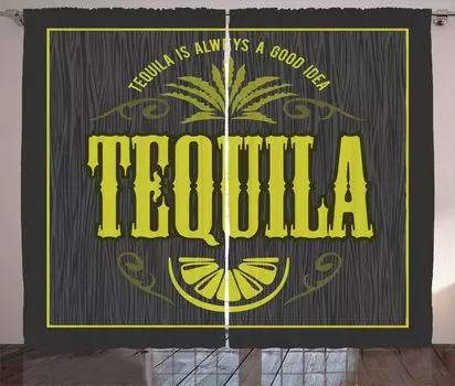 Занавеска ABAKUHAUS Tequila в деревенском стиле, винтажный алкогольный текст, универсальные ленточные шторы для гостиной с петлями и крючками, 280 x 225 см, угольно-серый желтый зеленый серый
