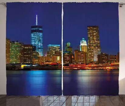 Занавеска ABAKUHAUS Urban Rustic, Manhattan Sunset Skyline, ленточная штора с рюшами для спальни, петлями и крючками, 280 x 260 см, разноцветная