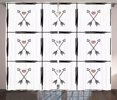 Занавеска ABAKUHAUS Valentine в деревенском стиле, узор в виде стрелы в форме сердца, универсальные ленточные шторы для гостиной с петлями и крючками, 280 x 260 см, черный, белый, розовый