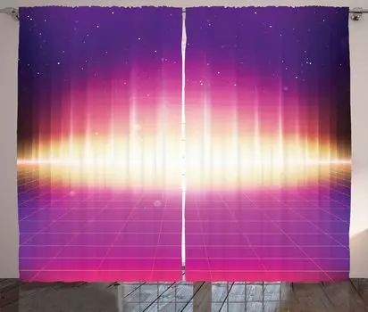 Занавеска ABAKUHAUS Vaporwave в деревенском стиле, научно-фантастический фон в стиле ретро 80-х годов, ленточная занавеска с рюшами для спальни, петлями и крючками, 280 x 175 см, многоцветная